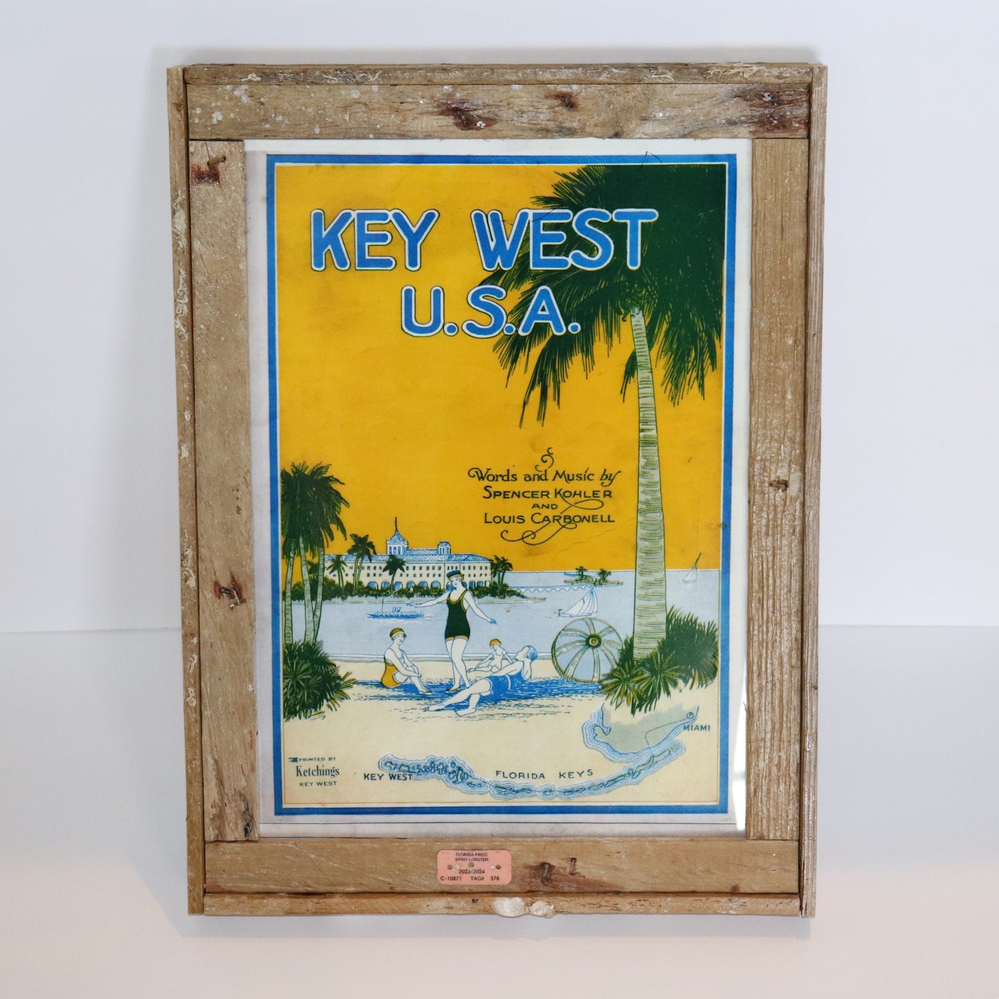 “Key West, U.S.A.” Song Poster in Lobster Trap Frame with music sheets on back