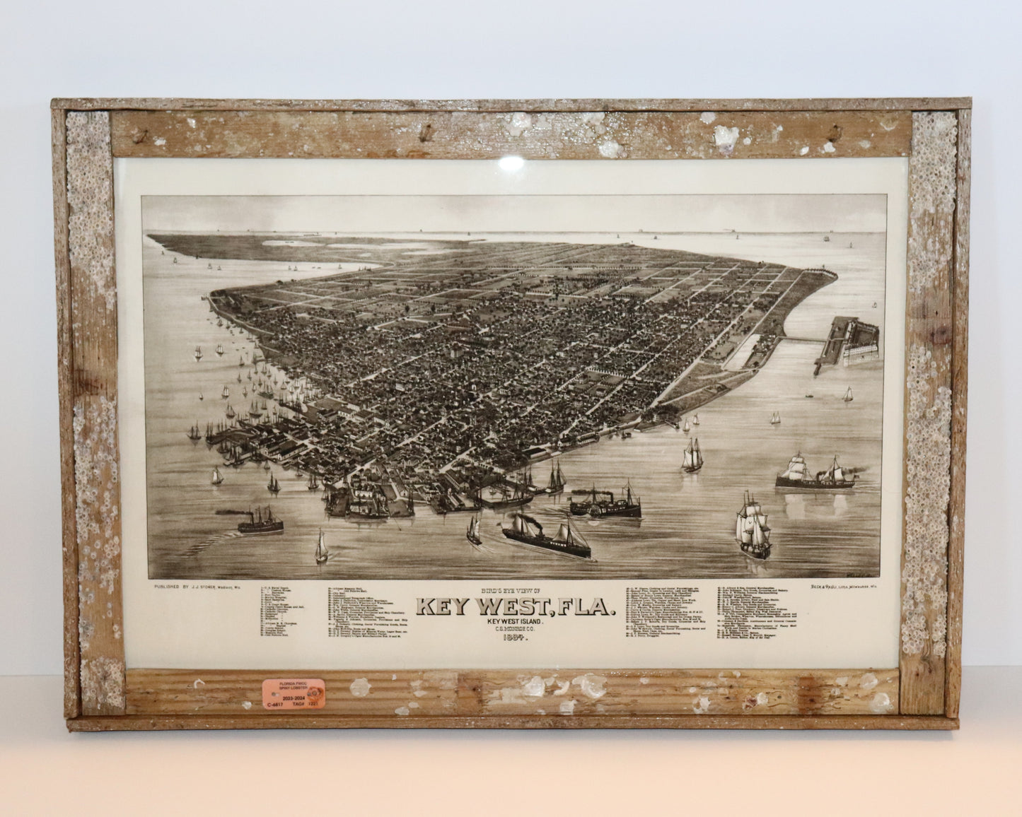 Birds Eye View of Key West, Florida; Key West Island C.S. Monroe Co. 1884 Photo in Lobster Trap Frame