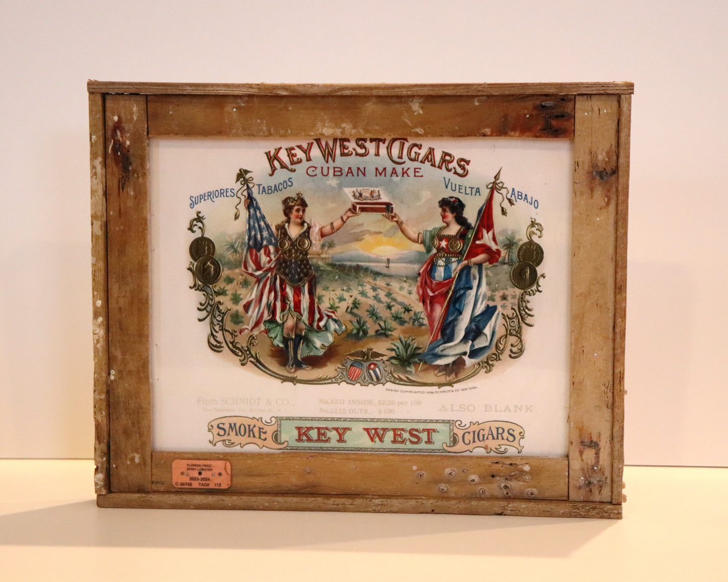 Rare Key West Cigar Box Label “Key West Cigars” 1890’s in Lobster Trap Frame